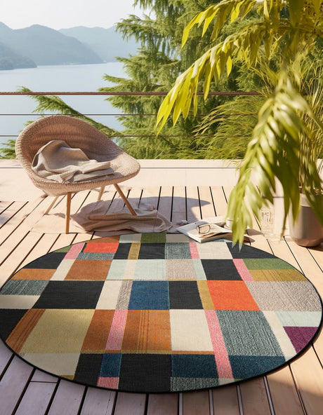 Multicolor 7' 10 x 7' 10 Outdoor Casablanca Round Area Rug Weather Resistant for Patio, Deck, Terrace, Balcony, Porch Polypropylene Vivid Colorful Modern Carpet for Sale at Rug Engine