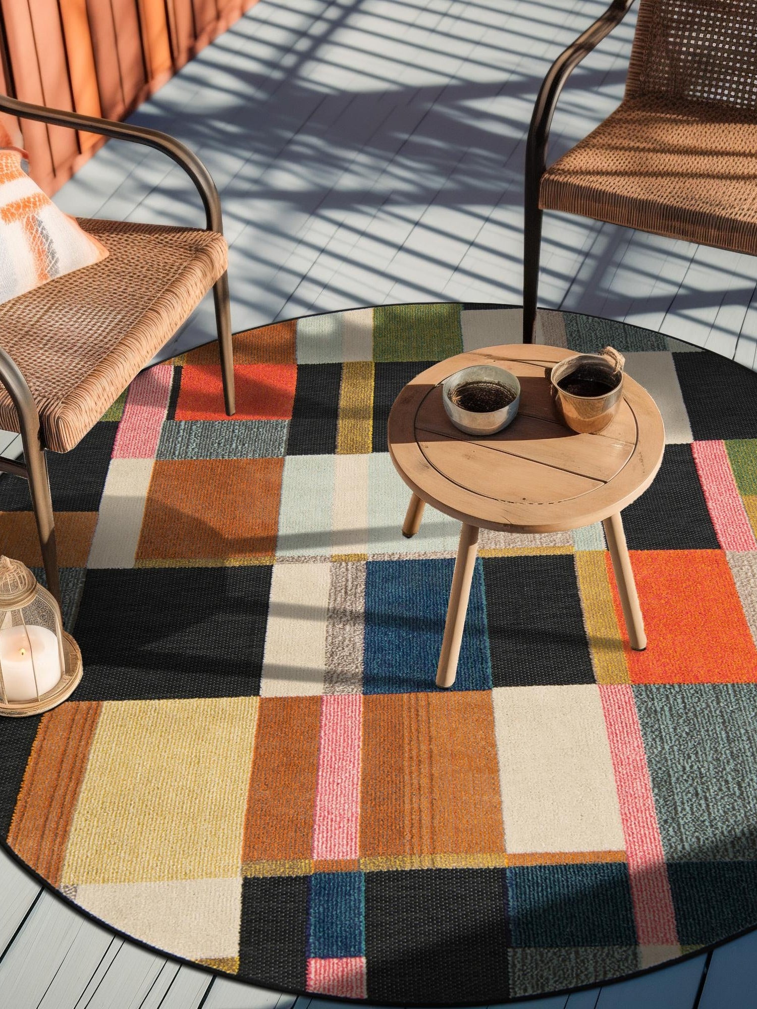 Multicolor 6' 1 x 6' 1 Outdoor Casablanca Round Area Rug Weather Resistant for Patio, Deck, Terrace, Balcony, Porch Polypropylene Vivid Colorful Modern Carpet for Sale at Rug Engine