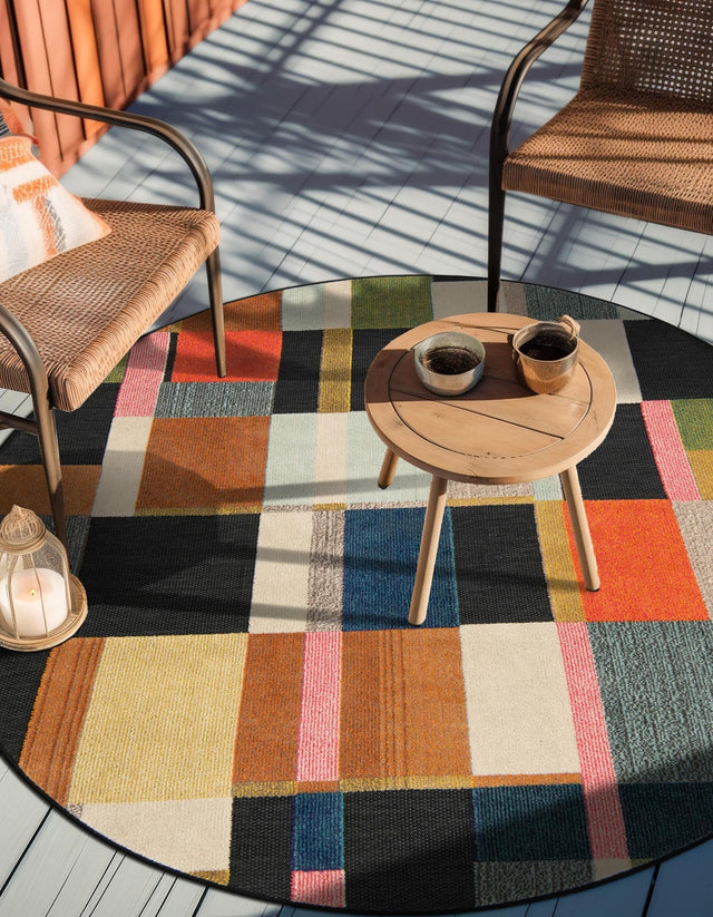 Multicolor 7' 10 x 7' 10 Outdoor Casablanca Round Area Rug Weather Resistant for Patio, Deck, Terrace, Balcony, Porch Polypropylene Vivid Colorful Modern Carpet for Sale at Rug Engine