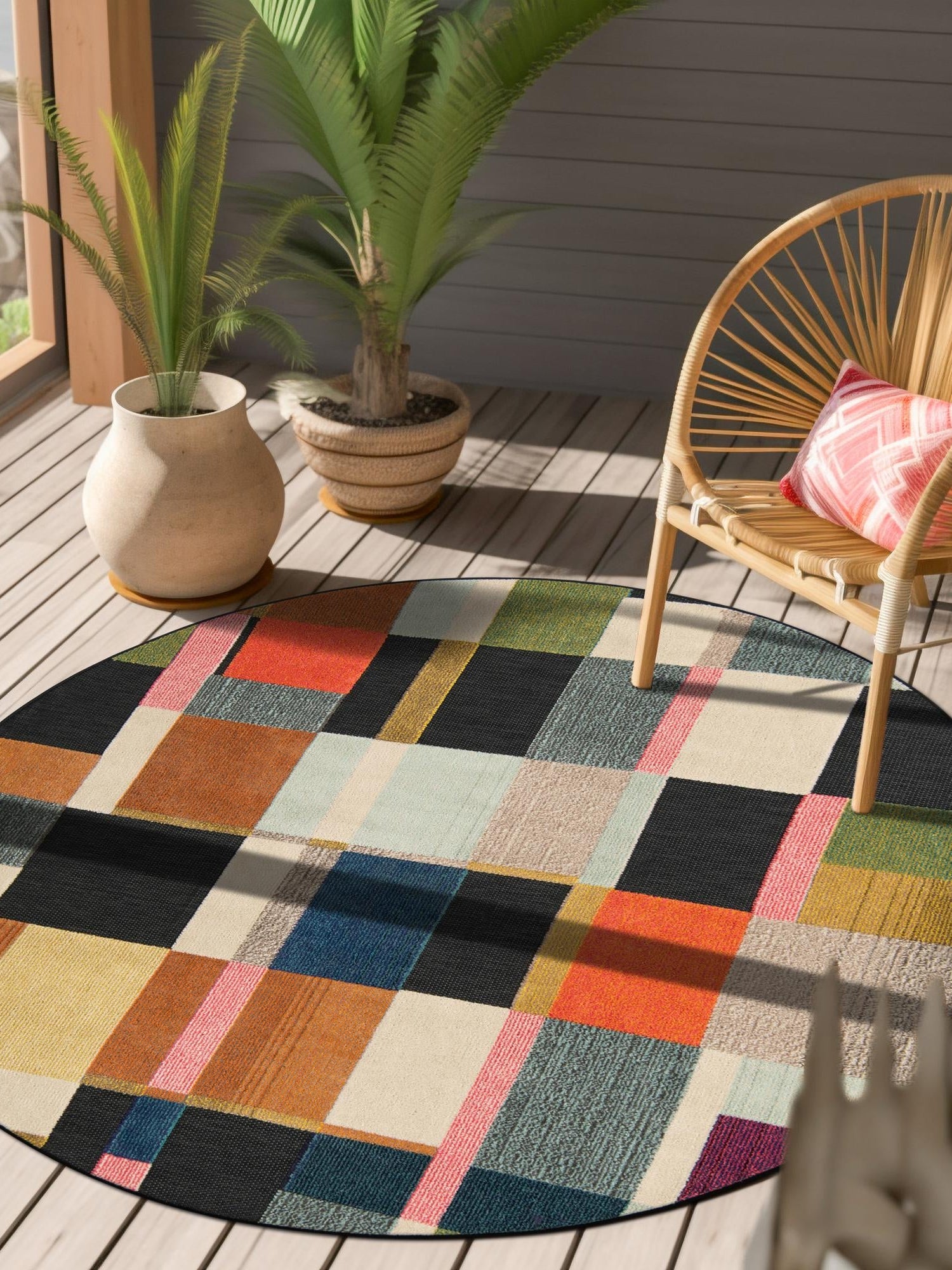 Multicolor 6' 1 x 6' 1 Outdoor Casablanca Round Area Rug Weather Resistant for Patio, Deck, Terrace, Balcony, Porch Polypropylene Vivid Colorful Modern Carpet for Sale at Rug Engine
