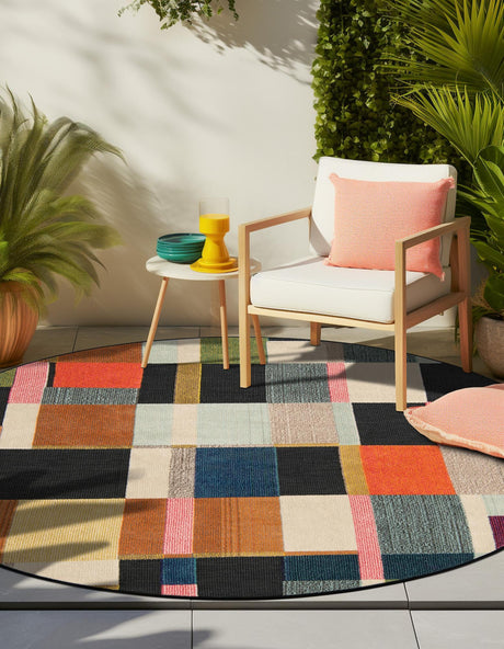 Multicolor 3' 1 x 3' 1 Outdoor Casablanca Round Area Rug Weather Resistant for Patio, Deck, Terrace, Balcony, Porch Polypropylene Vivid Colorful Modern Carpet for Sale at Rug Engine