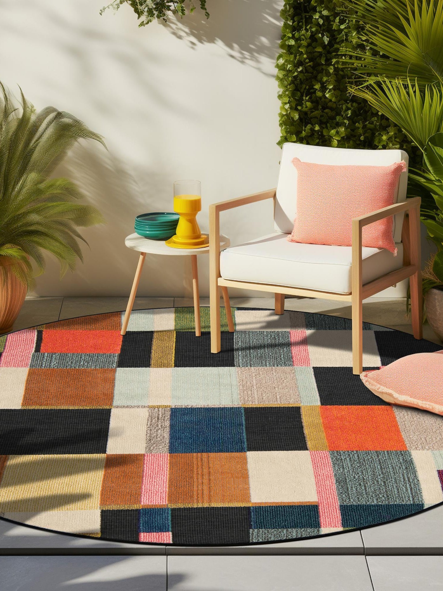 Multicolor 7' 10 x 7' 10 Outdoor Casablanca Round Area Rug Weather Resistant for Patio, Deck, Terrace, Balcony, Porch Polypropylene Vivid Colorful Modern Carpet for Sale at Rug Engine