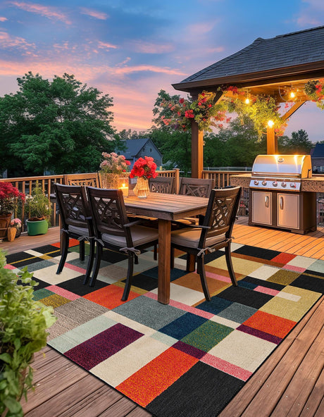 Multicolor 10' x 10' Outdoor Casablanca Square Area Rug Weather Resistant for Patio, Deck, Terrace, Balcony, Porch Polypropylene Vivid Colorful Modern Carpet for Sale at Rug Engine