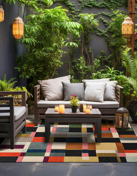 Multicolor 7' 10 x 7' 10 Outdoor Casablanca Square Area Rug Weather Resistant for Patio, Deck, Terrace, Balcony, Porch Polypropylene Vivid Colorful Modern Carpet for Sale at Rug Engine