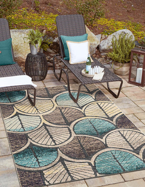Gray Blue Ivory 6' 1 x 9' Outdoor Casablanca Rectangle Area Rug Weather Resistant for Patio, Deck, Terrace, Balcony, Porch Polypropylene Vivid Colorful Modern Carpet for Sale at Rug Engine