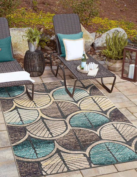 Gray Blue Ivory 6' 1 x 9' Outdoor Casablanca Rectangle Area Rug Weather Resistant for Patio, Deck, Terrace, Balcony, Porch Polypropylene Vivid Colorful Modern Carpet for Sale at Rug Engine