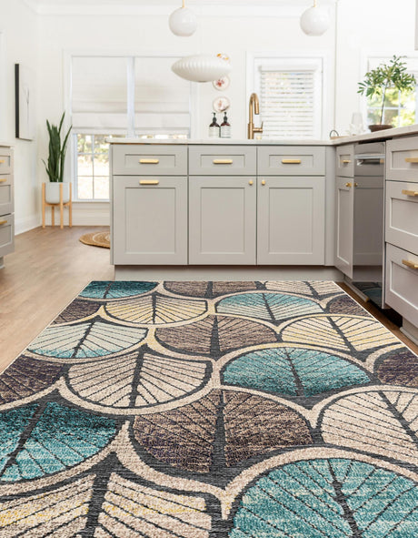 Gray Blue Ivory 7' 10 x 10' Outdoor Casablanca Rectangle Area Rug Weather Resistant for Patio, Deck, Terrace, Balcony, Porch Polypropylene Vivid Colorful Modern Carpet for Sale at Rug Engine