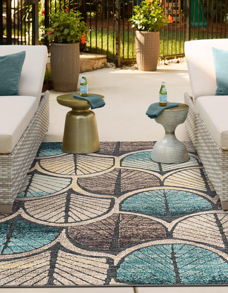 Gray Blue Ivory 6' 1 x 9' Outdoor Casablanca Rectangle Area Rug Weather Resistant for Patio, Deck, Terrace, Balcony, Porch Polypropylene Vivid Colorful Modern Carpet for Sale at Rug Engine