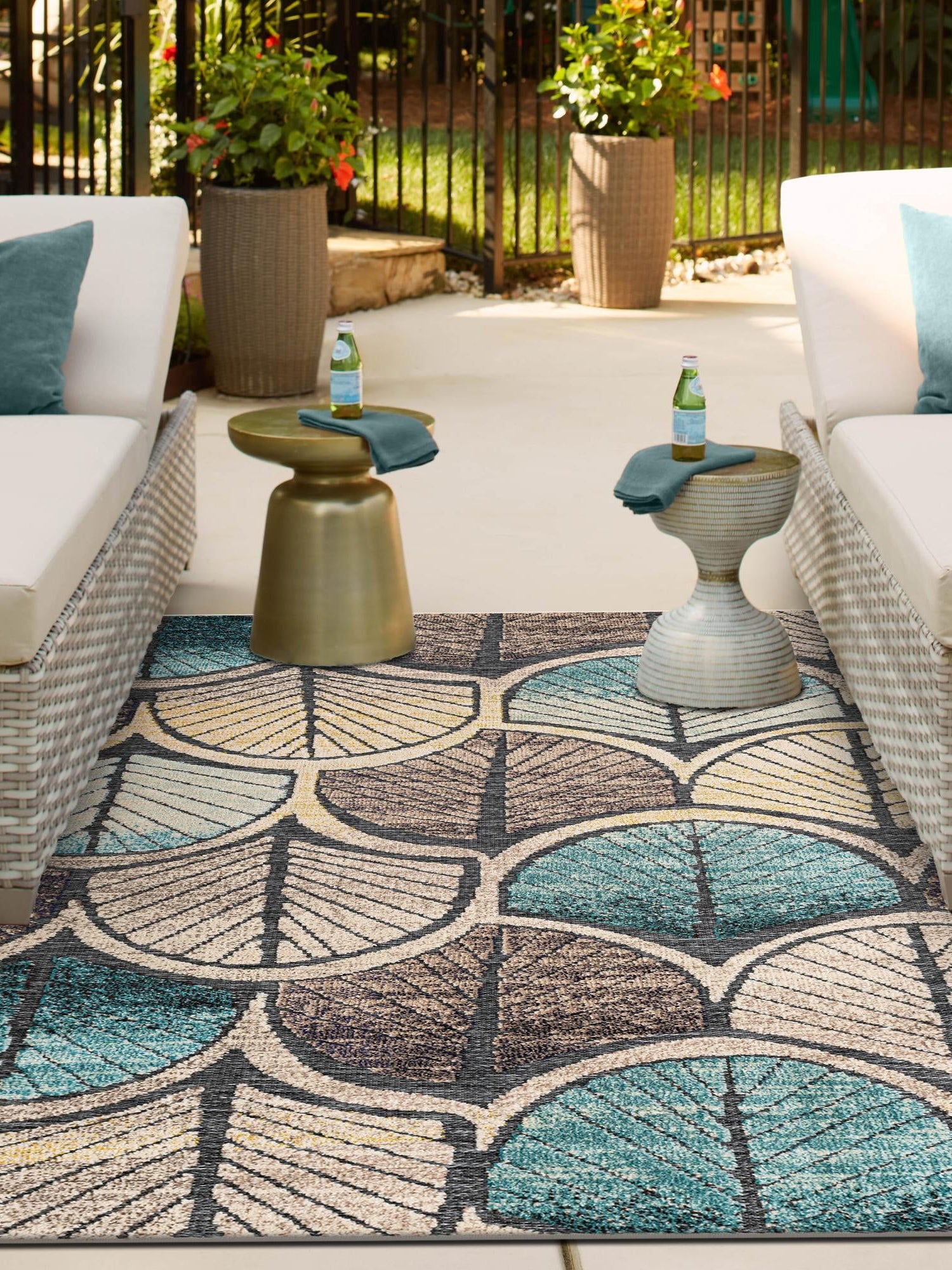 Gray Blue Ivory 9' x 12' Outdoor Casablanca Rectangle Area Rug Weather Resistant for Patio, Deck, Terrace, Balcony, Porch Polypropylene Vivid Colorful Modern Carpet for Sale at Rug Engine