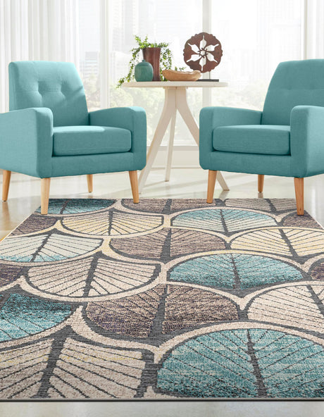 Gray Blue Ivory 5' 3 x 8' Outdoor Casablanca Rectangle Area Rug Weather Resistant for Patio, Deck, Terrace, Balcony, Porch Polypropylene Vivid Colorful Modern Carpet for Sale at Rug Engine