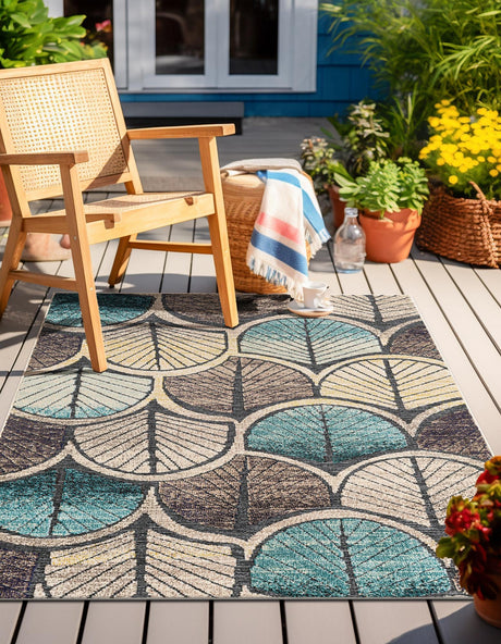 Gray Blue Ivory 6' 1 x 9' Outdoor Casablanca Rectangle Area Rug Weather Resistant for Patio, Deck, Terrace, Balcony, Porch Polypropylene Vivid Colorful Modern Carpet for Sale at Rug Engine