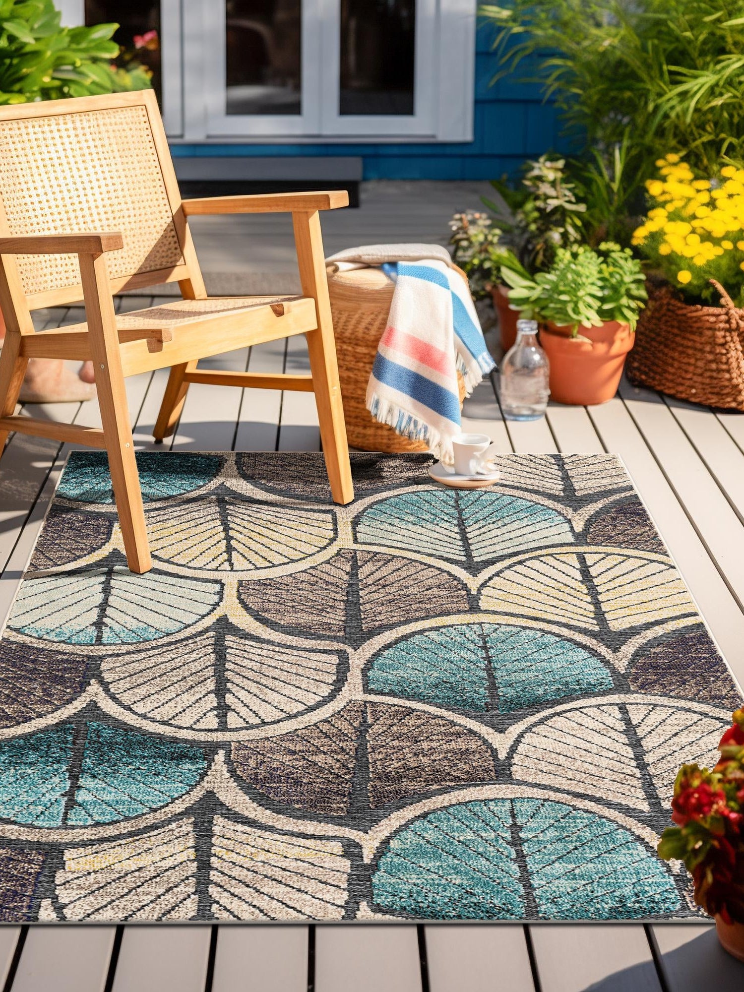 Gray Blue Ivory 5' 3 x 8' Outdoor Casablanca Rectangle Area Rug Weather Resistant for Patio, Deck, Terrace, Balcony, Porch Polypropylene Vivid Colorful Modern Carpet for Sale at Rug Engine