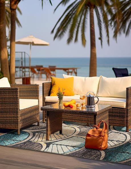 Gray Blue Ivory 5' 3 x 8' Outdoor Casablanca Rectangle Area Rug Weather Resistant for Patio, Deck, Terrace, Balcony, Porch Polypropylene Vivid Colorful Modern Carpet for Sale at Rug Engine
