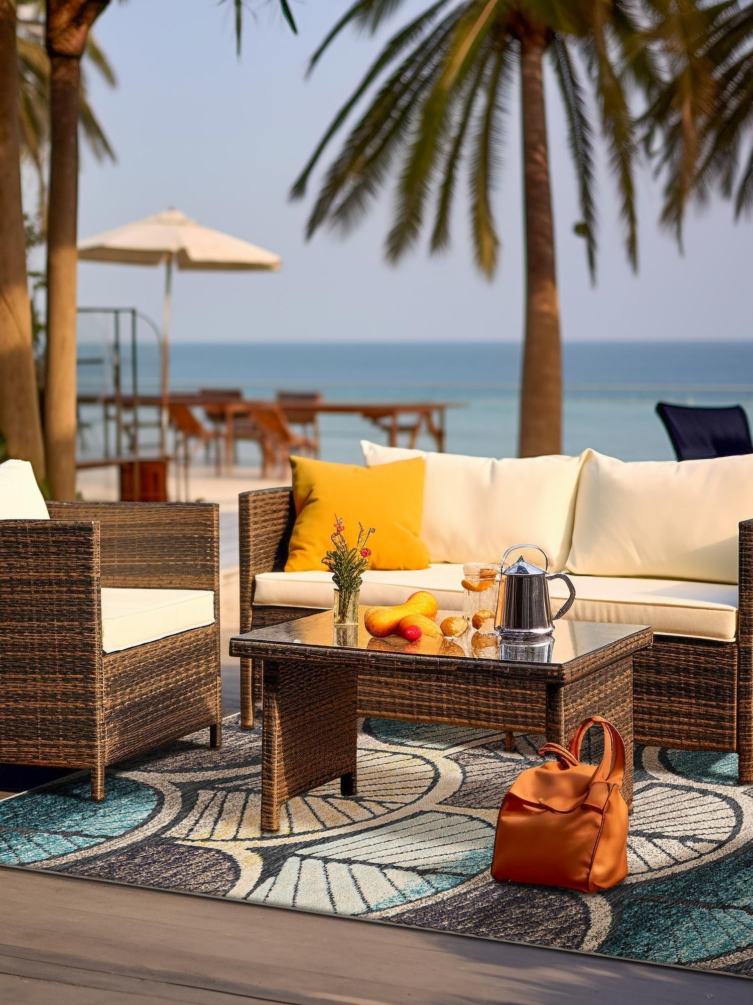 Gray Blue Ivory 6' 1 x 9' Outdoor Casablanca Rectangle Area Rug Weather Resistant for Patio, Deck, Terrace, Balcony, Porch Polypropylene Vivid Colorful Modern Carpet for Sale at Rug Engine