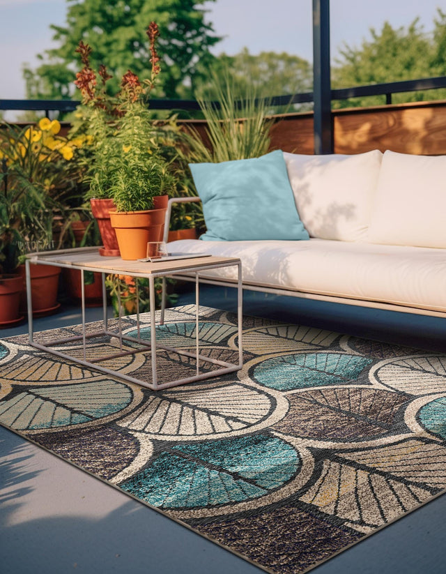 Gray Blue Ivory 4' 1 x 6' 1 Outdoor Casablanca Rectangle Area Rug Weather Resistant for Patio, Deck, Terrace, Balcony, Porch Polypropylene Vivid Colorful Modern Carpet for Sale at Rug Engine
