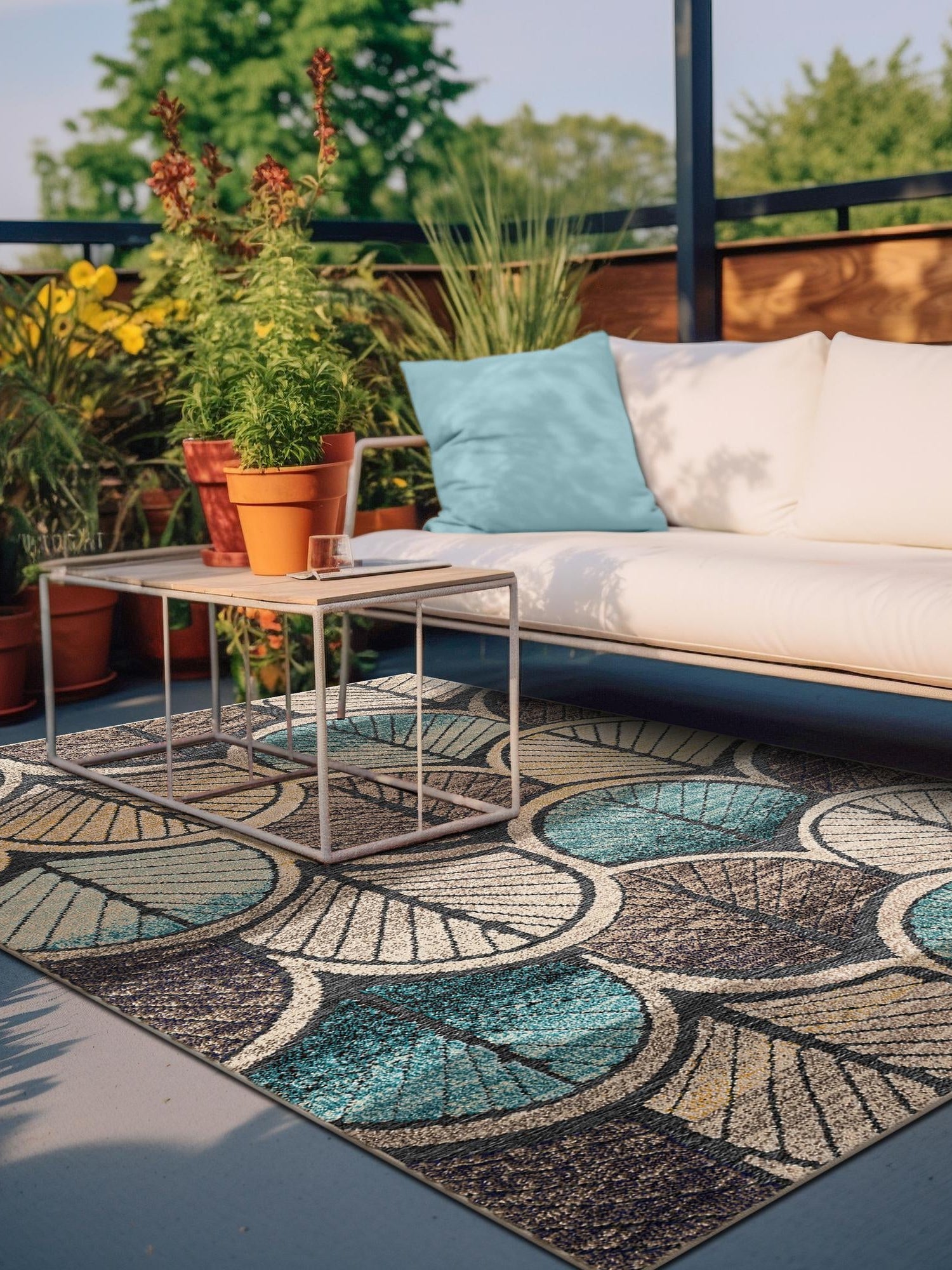 Gray Blue Ivory 5' 3 x 8' Outdoor Casablanca Rectangle Area Rug Weather Resistant for Patio, Deck, Terrace, Balcony, Porch Polypropylene Vivid Colorful Modern Carpet for Sale at Rug Engine