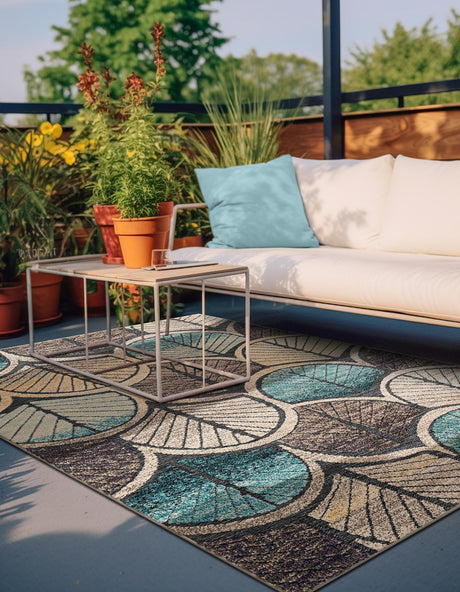 Gray Blue Ivory 5' 3 x 8' Outdoor Casablanca Rectangle Area Rug Weather Resistant for Patio, Deck, Terrace, Balcony, Porch Polypropylene Vivid Colorful Modern Carpet for Sale at Rug Engine