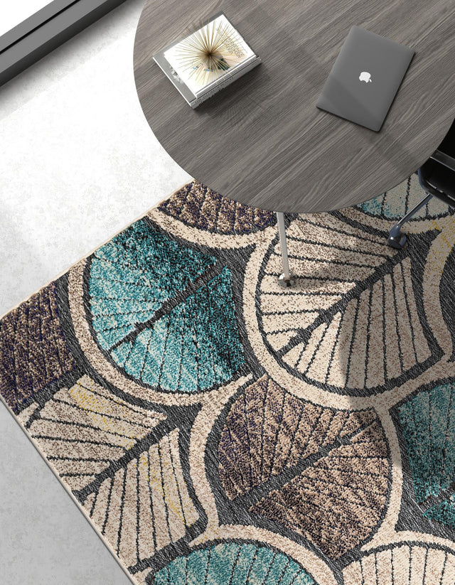 Gray Blue Ivory 5' 1 x 7' 1 Outdoor Casablanca Rectangle Area Rug Weather Resistant for Patio, Deck, Terrace, Balcony, Porch Polypropylene Vivid Colorful Modern Carpet for Sale at Rug Engine