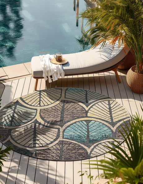 Gray Blue Ivory 7' 10 x 7' 10 Outdoor Casablanca Round Area Rug Weather Resistant for Patio, Deck, Terrace, Balcony, Porch Polypropylene Vivid Colorful Modern Carpet for Sale at Rug Engine