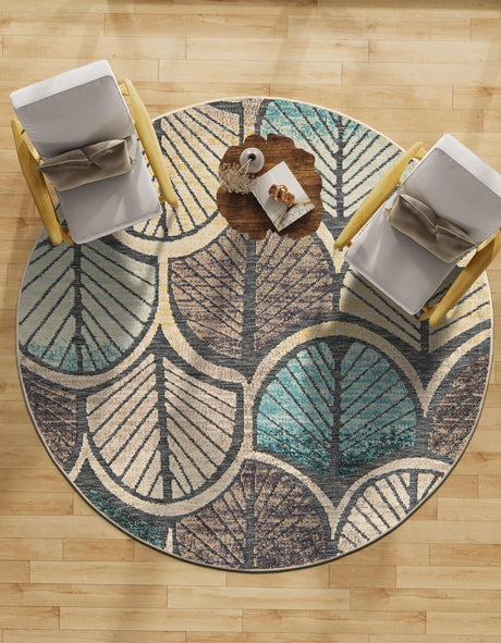 Gray Blue Ivory 3' 1 x 3' 1 Outdoor Casablanca Round Area Rug Weather Resistant for Patio, Deck, Terrace, Balcony, Porch Polypropylene Vivid Colorful Modern Carpet for Sale at Rug Engine