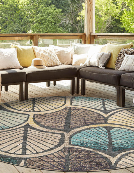 Gray Blue Ivory 3' 1 x 3' 1 Outdoor Casablanca Round Area Rug Weather Resistant for Patio, Deck, Terrace, Balcony, Porch Polypropylene Vivid Colorful Modern Carpet for Sale at Rug Engine