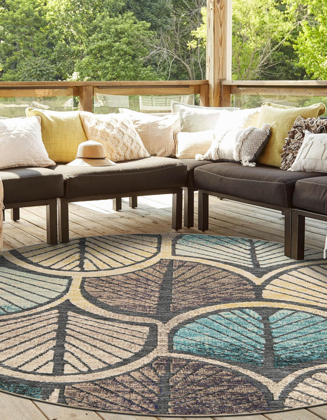 Gray Blue Ivory 6' 1 x 6' 1 Outdoor Casablanca Round Area Rug Weather Resistant for Patio, Deck, Terrace, Balcony, Porch Polypropylene Vivid Colorful Modern Carpet for Sale at Rug Engine