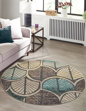 Gray Blue Ivory 3' 1 x 3' 1 Outdoor Casablanca Round Area Rug Weather Resistant for Patio, Deck, Terrace, Balcony, Porch Polypropylene Vivid Colorful Modern Carpet for Sale at Rug Engine