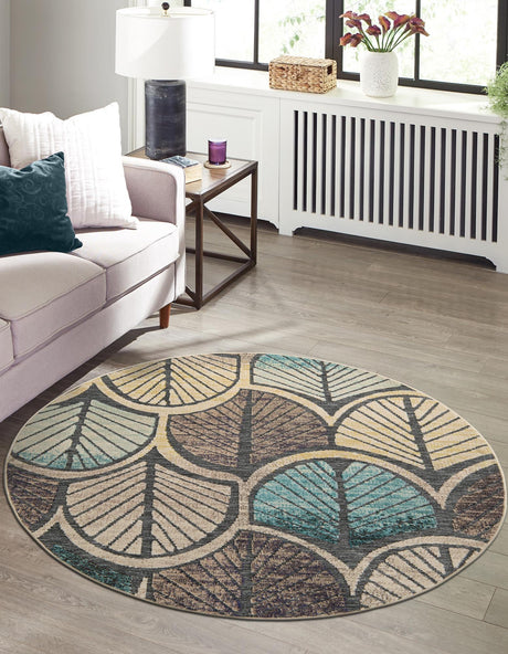 Gray Blue Ivory 3' 1 x 3' 1 Outdoor Casablanca Round Area Rug Weather Resistant for Patio, Deck, Terrace, Balcony, Porch Polypropylene Vivid Colorful Modern Carpet for Sale at Rug Engine