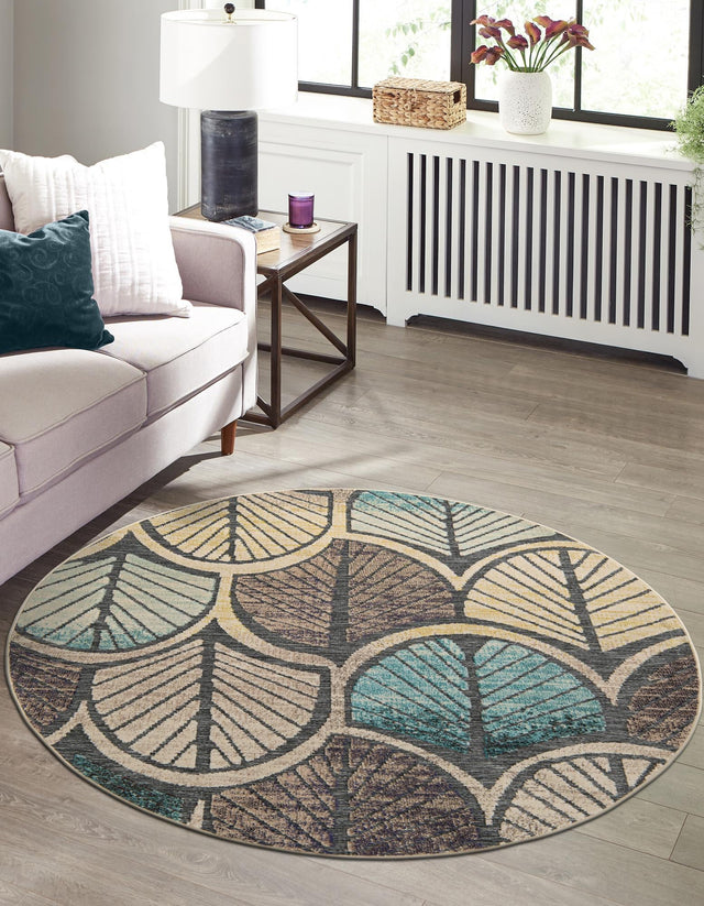 Gray Blue Ivory 3' 1 x 3' 1 Outdoor Casablanca Round Area Rug Weather Resistant for Patio, Deck, Terrace, Balcony, Porch Polypropylene Vivid Colorful Modern Carpet for Sale at Rug Engine