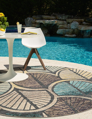Gray Blue Ivory 3' 1 x 3' 1 Outdoor Casablanca Round Area Rug Weather Resistant for Patio, Deck, Terrace, Balcony, Porch Polypropylene Vivid Colorful Modern Carpet for Sale at Rug Engine