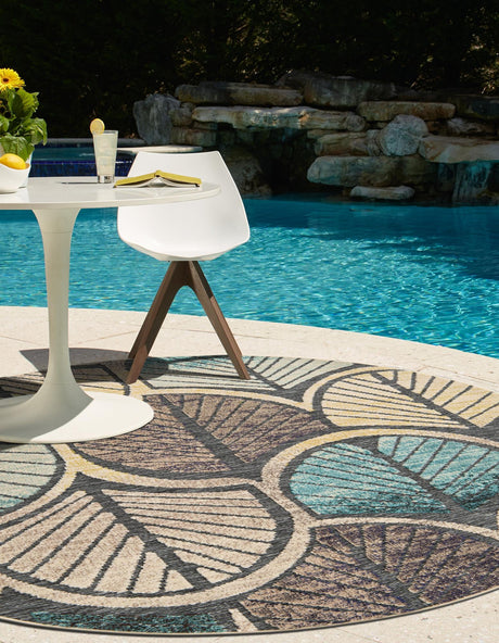 Gray Blue Ivory 7' 10 x 7' 10 Outdoor Casablanca Round Area Rug Weather Resistant for Patio, Deck, Terrace, Balcony, Porch Polypropylene Vivid Colorful Modern Carpet for Sale at Rug Engine