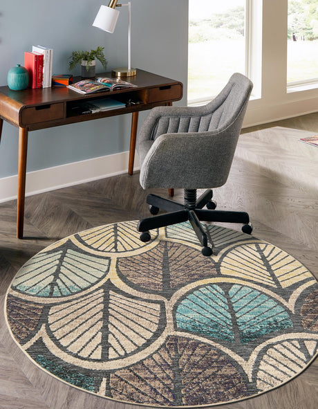 Gray Blue Ivory 3' 1 x 3' 1 Outdoor Casablanca Round Area Rug Weather Resistant for Patio, Deck, Terrace, Balcony, Porch Polypropylene Vivid Colorful Modern Carpet for Sale at Rug Engine