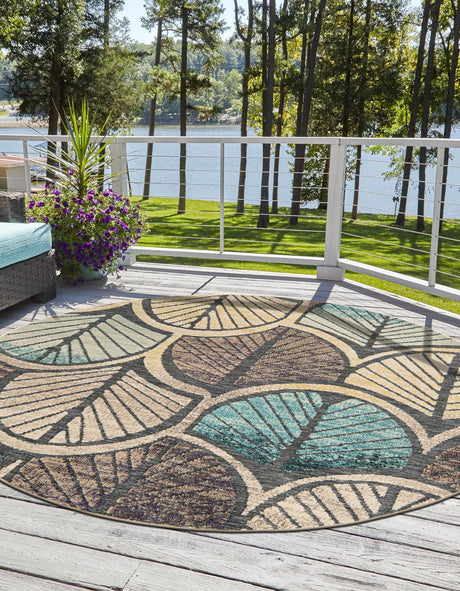 Gray Blue Ivory 3' 1 x 3' 1 Outdoor Casablanca Round Area Rug Weather Resistant for Patio, Deck, Terrace, Balcony, Porch Polypropylene Vivid Colorful Modern Carpet for Sale at Rug Engine