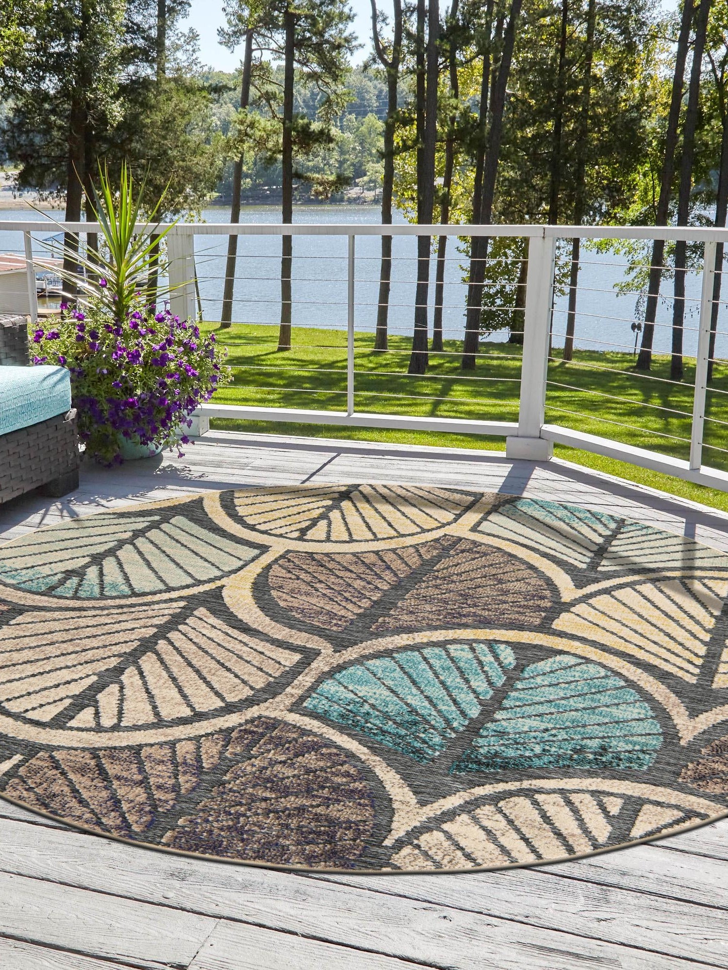 Gray Blue Ivory 6' 1 x 6' 1 Outdoor Casablanca Round Area Rug Weather Resistant for Patio, Deck, Terrace, Balcony, Porch Polypropylene Vivid Colorful Modern Carpet for Sale at Rug Engine
