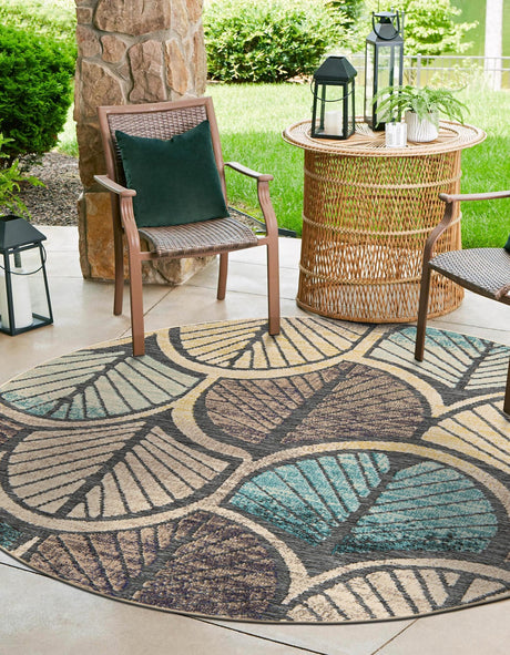 Gray Blue Ivory 3' 1 x 3' 1 Outdoor Casablanca Round Area Rug Weather Resistant for Patio, Deck, Terrace, Balcony, Porch Polypropylene Vivid Colorful Modern Carpet for Sale at Rug Engine