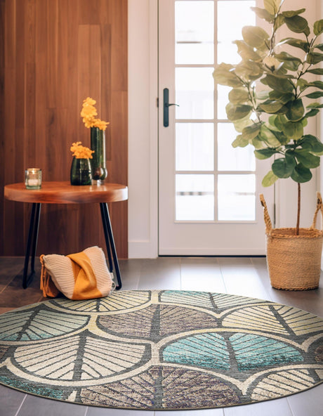 Gray Blue Ivory 7' 10 x 7' 10 Outdoor Casablanca Round Area Rug Weather Resistant for Patio, Deck, Terrace, Balcony, Porch Polypropylene Vivid Colorful Modern Carpet for Sale at Rug Engine