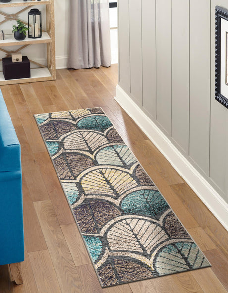 Gray Blue Ivory 2' x 5' 1 Outdoor Casablanca Runner Area Rug Weather Resistant for Patio, Deck, Terrace, Balcony, Porch Polypropylene Vivid Colorful Modern Carpet for Sale at Rug Engine