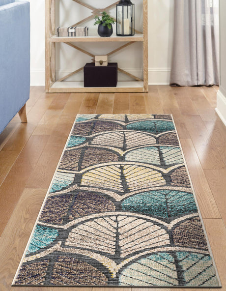 Gray Blue Ivory 2' 7 x 12' Outdoor Casablanca Runner Area Rug Weather Resistant for Patio, Deck, Terrace, Balcony, Porch Polypropylene Vivid Colorful Modern Carpet for Sale at Rug Engine