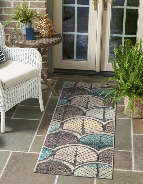 Gray Blue Ivory 2' 7 x 12' Outdoor Casablanca Runner Area Rug Weather Resistant for Patio, Deck, Terrace, Balcony, Porch Polypropylene Vivid Colorful Modern Carpet for Sale at Rug Engine
