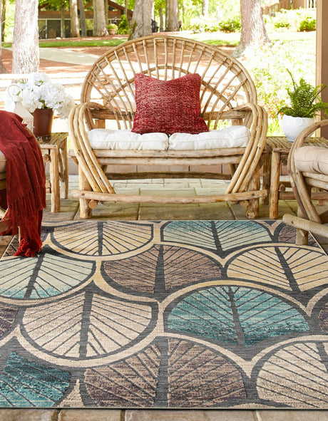 Gray Blue Ivory 10' x 10' Outdoor Casablanca Square Area Rug Weather Resistant for Patio, Deck, Terrace, Balcony, Porch Polypropylene Vivid Colorful Modern Carpet for Sale at Rug Engine
