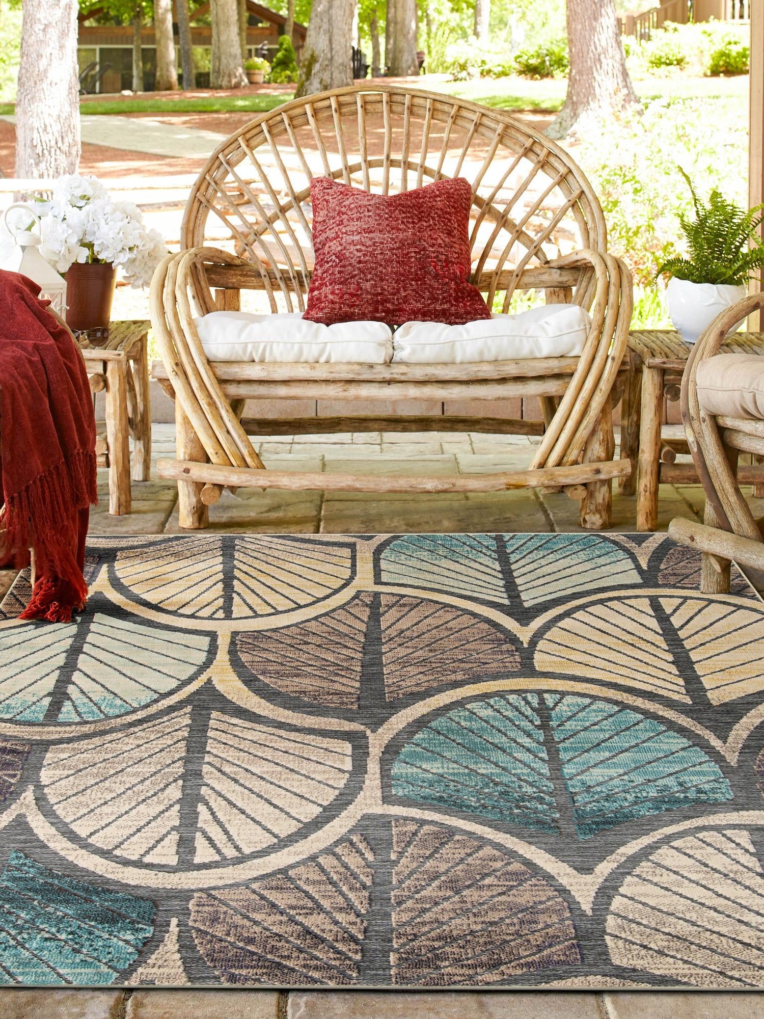 Gray Blue Ivory 7' 10 x 7' 10 Outdoor Casablanca Square Area Rug Weather Resistant for Patio, Deck, Terrace, Balcony, Porch Polypropylene Vivid Colorful Modern Carpet for Sale at Rug Engine