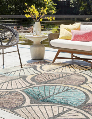 Gray Blue Ivory 10' x 10' Outdoor Casablanca Square Area Rug Weather Resistant for Patio, Deck, Terrace, Balcony, Porch Polypropylene Vivid Colorful Modern Carpet for Sale at Rug Engine