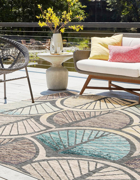 Gray Blue Ivory 10' x 10' Outdoor Casablanca Square Area Rug Weather Resistant for Patio, Deck, Terrace, Balcony, Porch Polypropylene Vivid Colorful Modern Carpet for Sale at Rug Engine