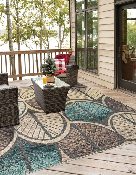 Gray Blue Ivory 7' 10 x 7' 10 Outdoor Casablanca Square Area Rug Weather Resistant for Patio, Deck, Terrace, Balcony, Porch Polypropylene Vivid Colorful Modern Carpet for Sale at Rug Engine