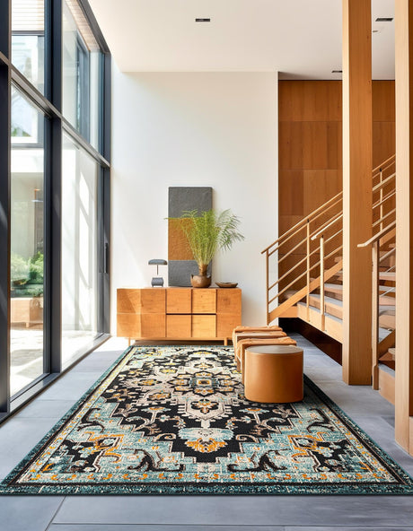 Navy Blue 6' 1 x 9' Outdoor Casablanca Rectangle Area Rug Weather Resistant for Patio, Deck, Terrace, Balcony, Porch Polypropylene Vivid Colorful Modern Carpet for Sale at Rug Engine