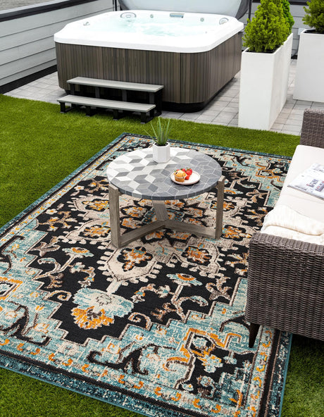 Navy Blue 6' 1 x 9' Outdoor Casablanca Rectangle Area Rug Weather Resistant for Patio, Deck, Terrace, Balcony, Porch Polypropylene Vivid Colorful Modern Carpet for Sale at Rug Engine