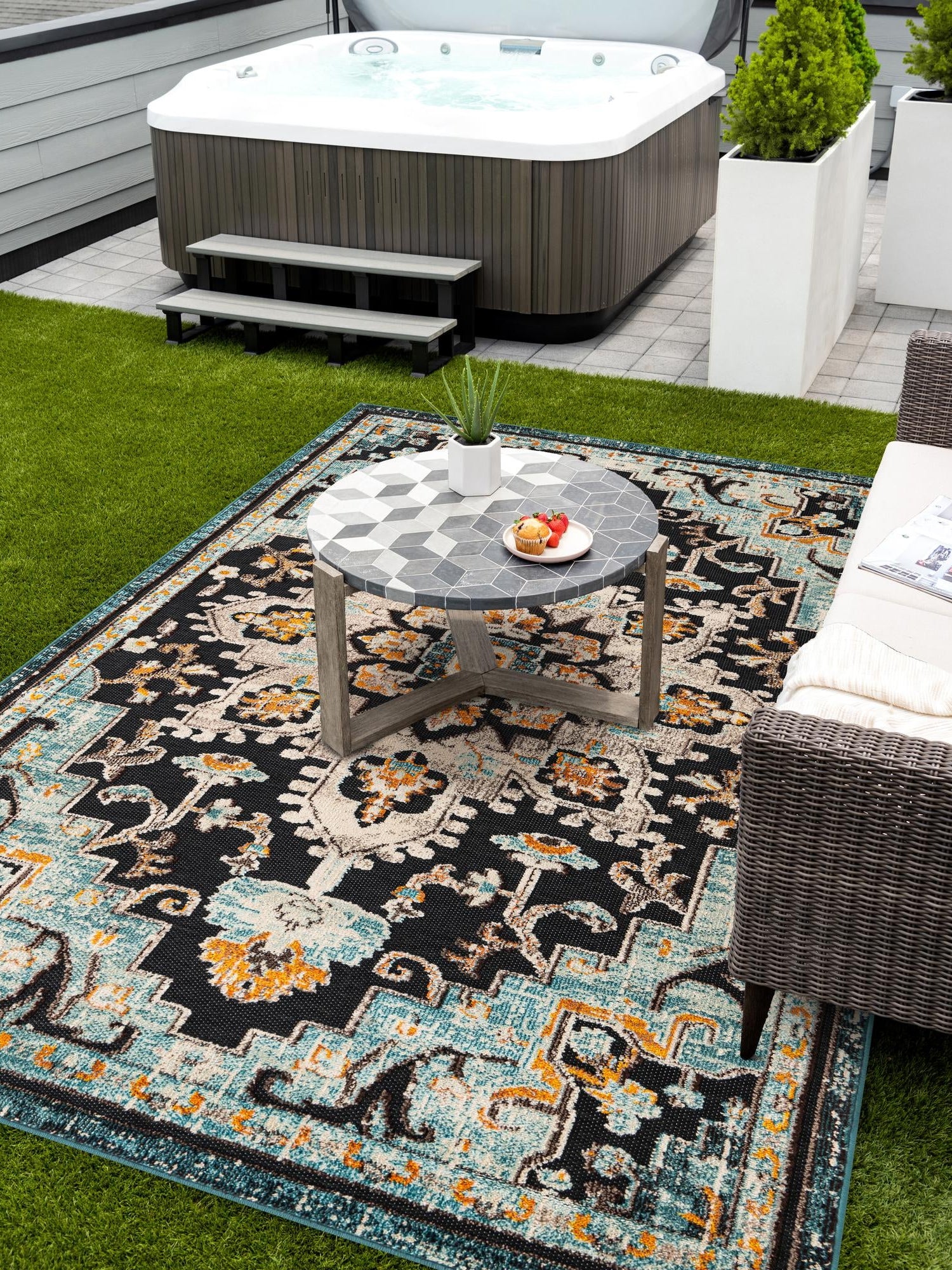 Navy Blue 5' 3 x 8' Outdoor Casablanca Rectangle Area Rug Weather Resistant for Patio, Deck, Terrace, Balcony, Porch Polypropylene Vivid Colorful Modern Carpet for Sale at Rug Engine