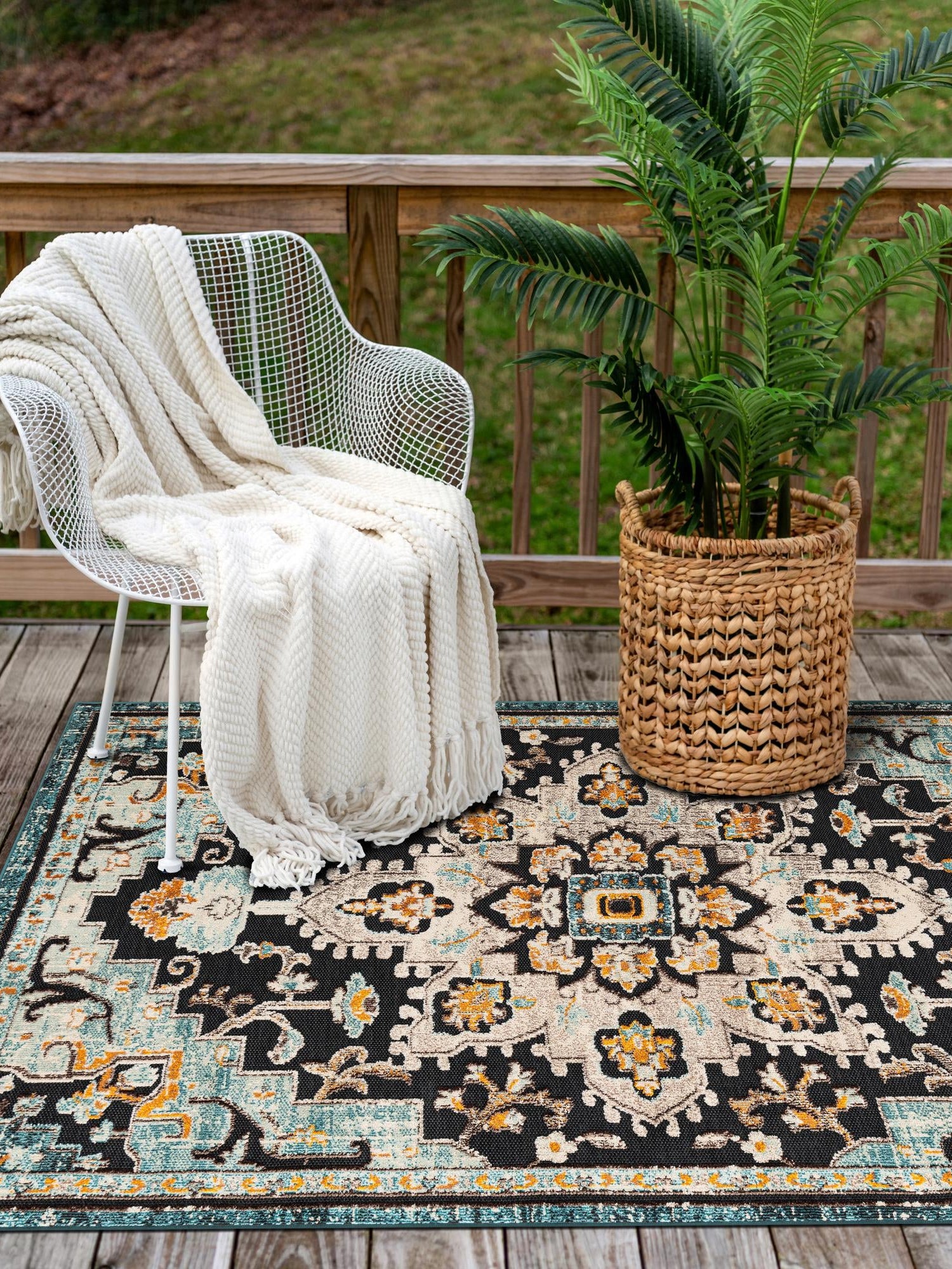 Navy Blue 5' 3 x 8' Outdoor Casablanca Rectangle Area Rug Weather Resistant for Patio, Deck, Terrace, Balcony, Porch Polypropylene Vivid Colorful Modern Carpet for Sale at Rug Engine