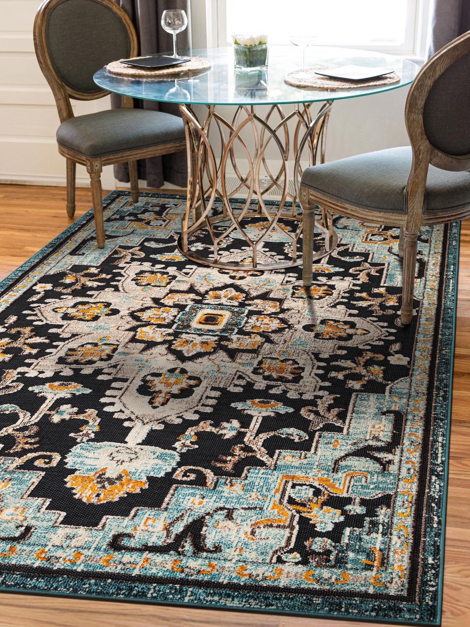 Navy Blue 4' 1 x 6' 1 Outdoor Casablanca Rectangle Area Rug Weather Resistant for Patio, Deck, Terrace, Balcony, Porch Polypropylene Vivid Colorful Modern Carpet for Sale at Rug Engine