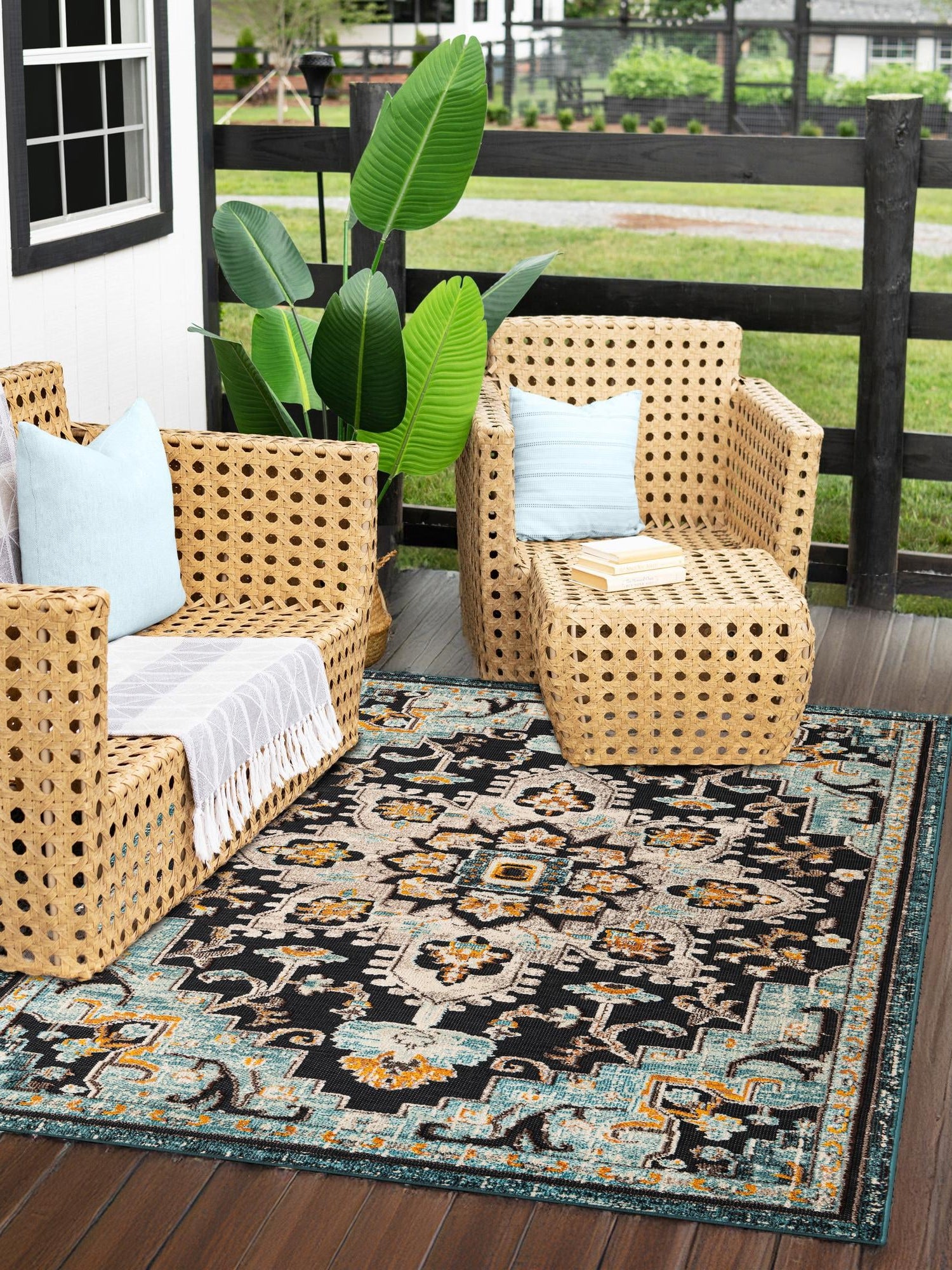 Navy Blue 2' x 3' 1 Outdoor Casablanca Rectangle Area Rug Weather Resistant for Patio, Deck, Terrace, Balcony, Porch Polypropylene Vivid Colorful Modern Carpet for Sale at Rug Engine